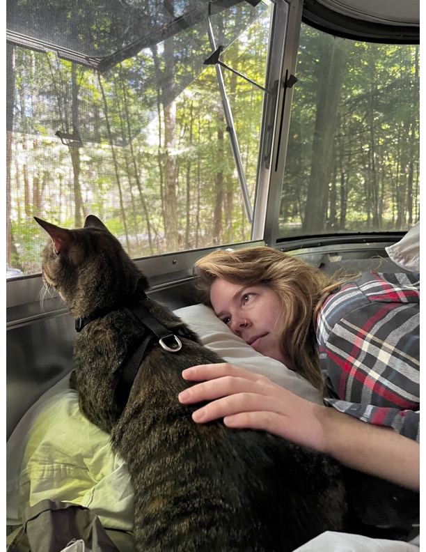 A black and grey tabby cat lays on a bed in a RV, looking out the window at the forest outside. A woman in a plaid shirt lays next to the cat, with her hand on its back.
