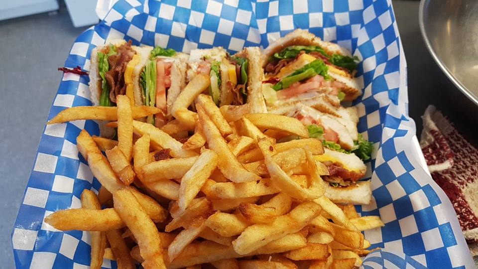 Luckys Snack Bar club sandwich and fries