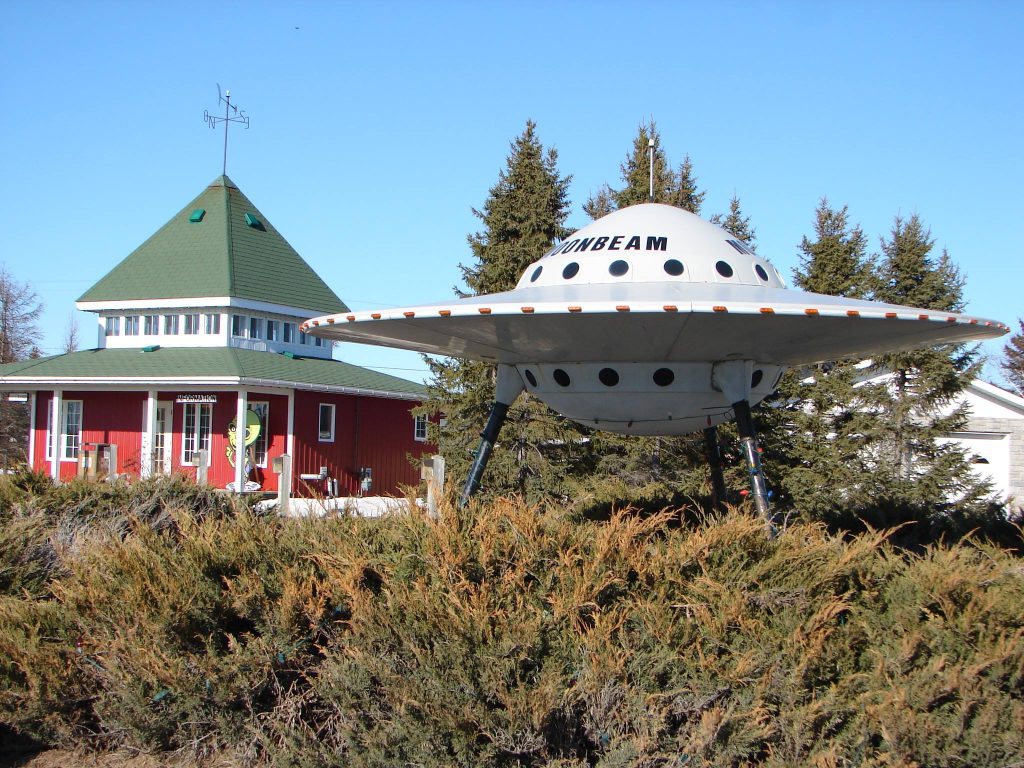 A roadside replica of a flying saucer
