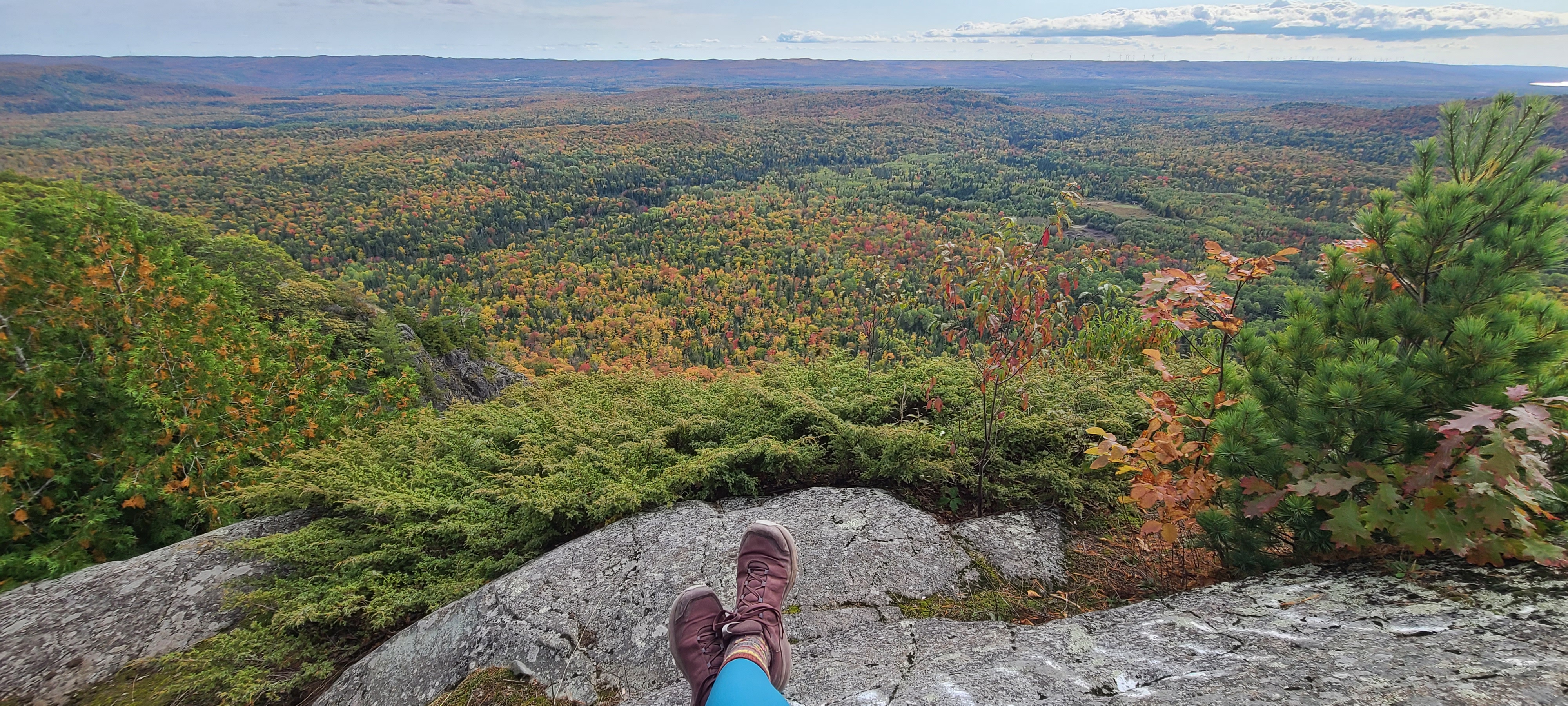 the edge of a rocky cliff, covered in green foliage, overlooking a broad green forested valley. The photographer's feet can be seen at the bottom edge of the image, as they are sitting on the cliff.