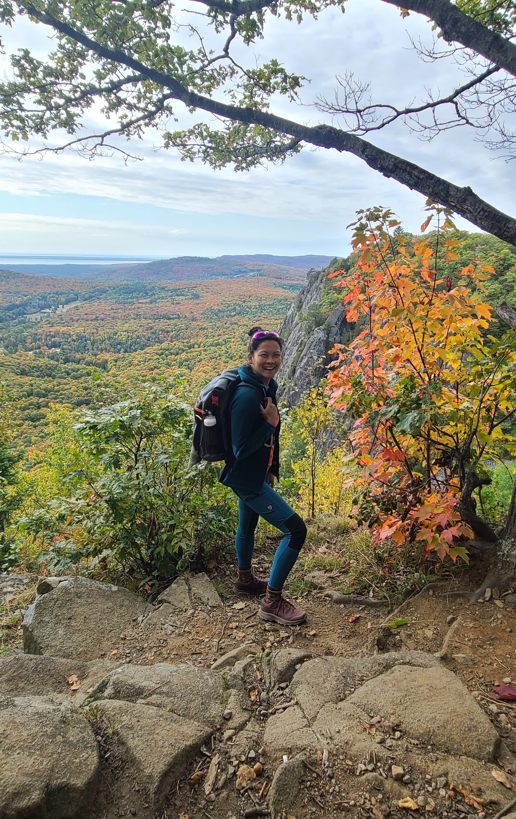 a smiling person wearing a backpack standing on a rocky cliff, with a broad green forest below and tree branches overhead.
