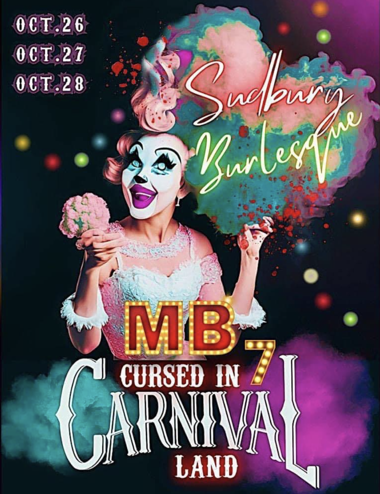 a burlesque performer in elegant clown makeup in a poster for "Cursed in Carnival Land"