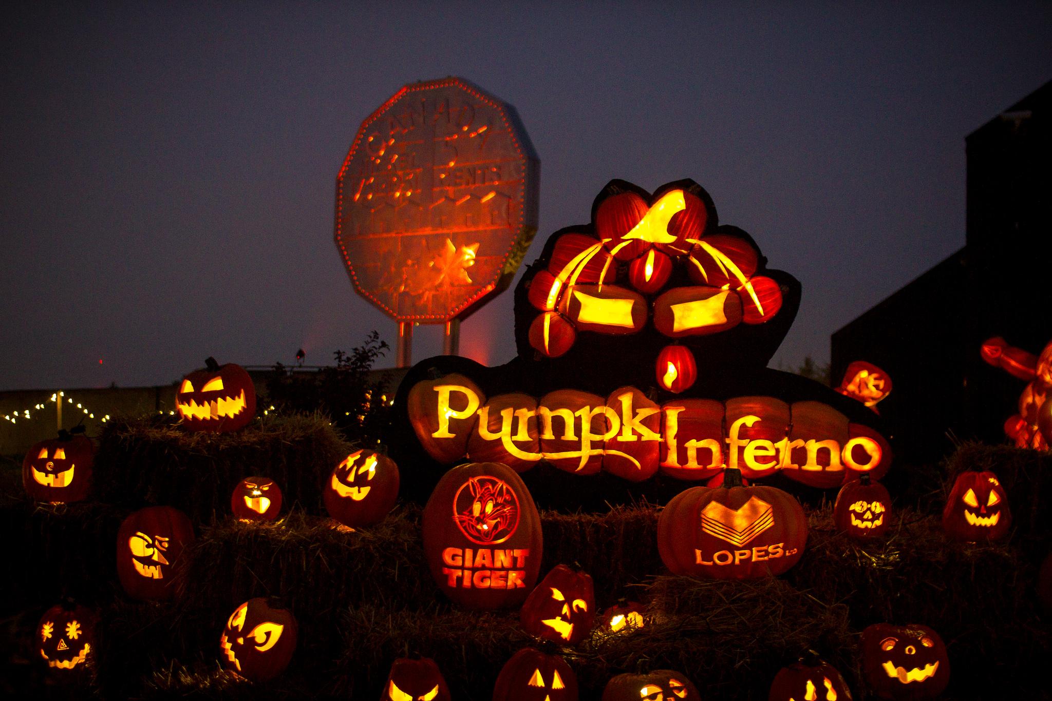 several elaborately-carved jack-o-lanterns glowing in the dark on,  surrounding a glowing "Pumpkinferno" sign