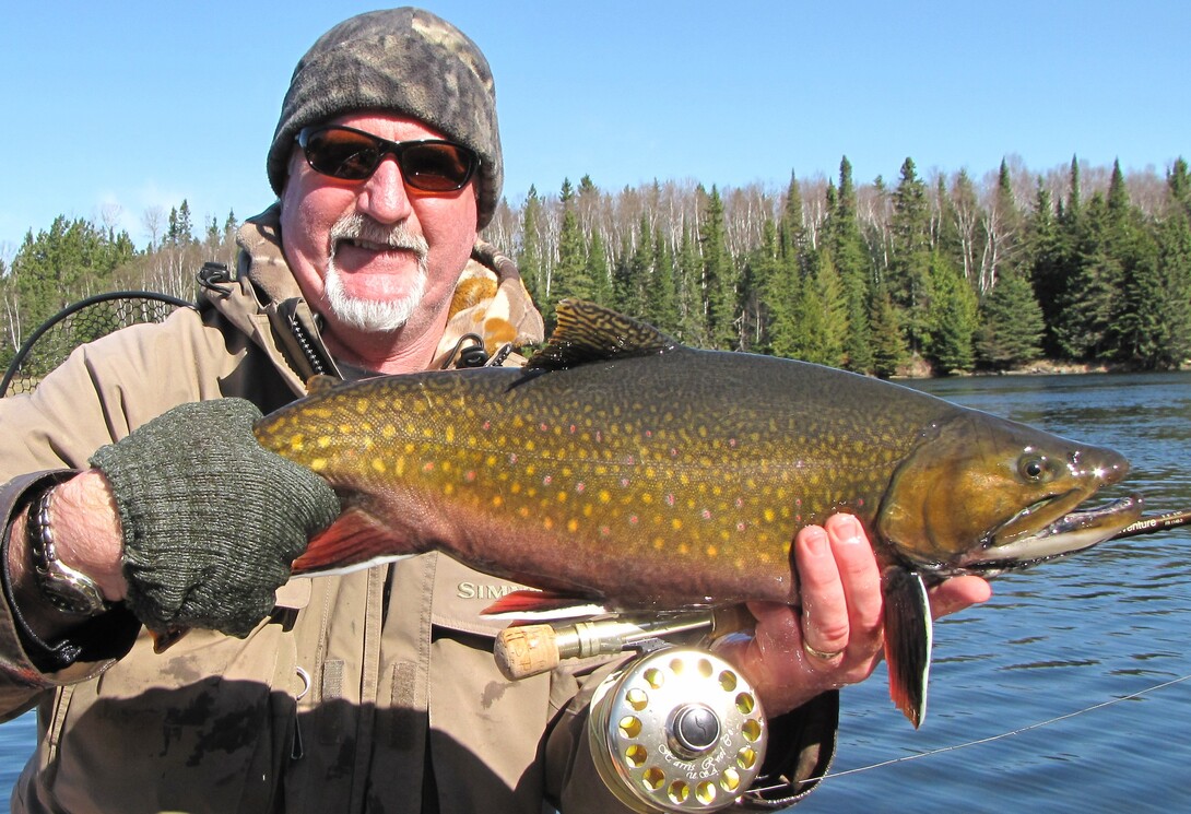 a smiling man holding up a large brook trout, with lake, blue sky and spruce forest in the background.