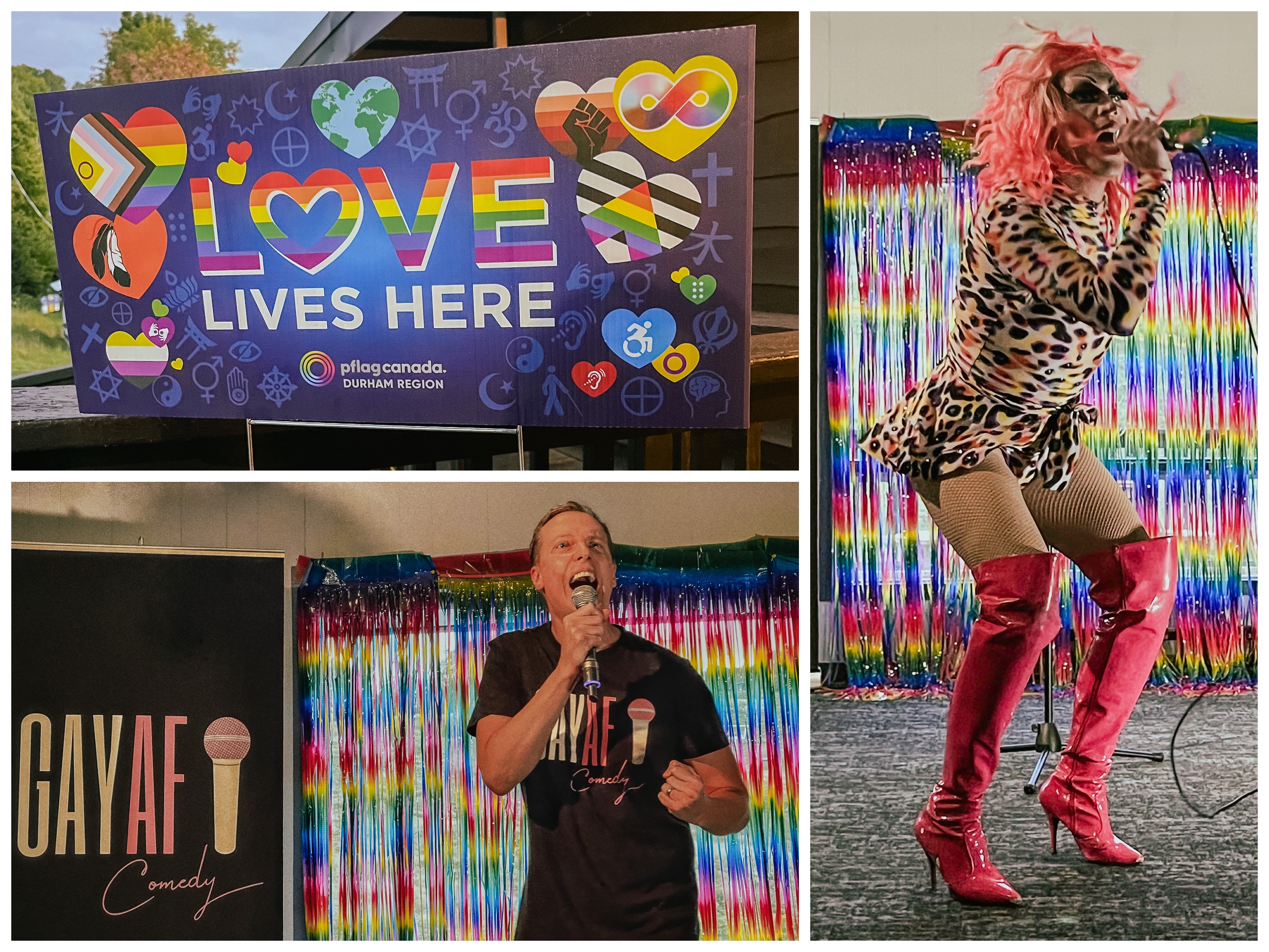 a collage of 3 photos from comedy night at Sir Sam's; a banner that shows rainbow hearts and says "love is here", a smiling comedian talking into a microphone, and a comedian with pink hair, wearing tall pink boots and a leopard print dress.