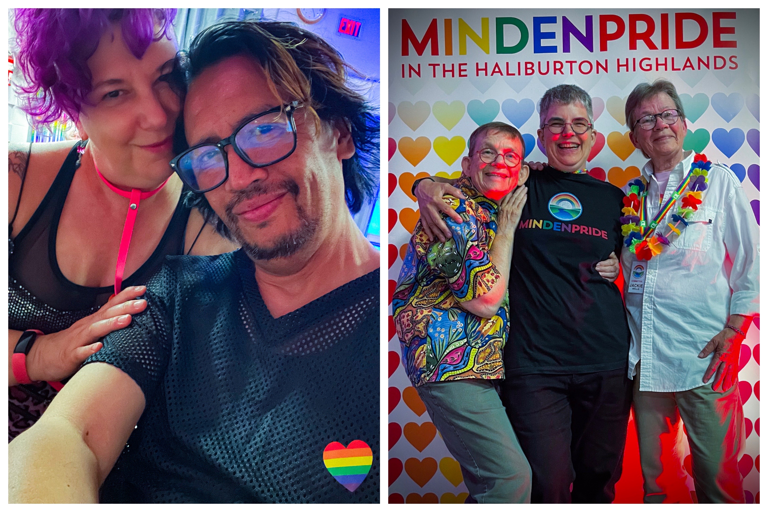two photos of smiling people with arms around each other's shoulders, wearing rainbow hearts, flowered necklaces and bright colours. In one photo there is a rainbow "Minden Pride" banner.