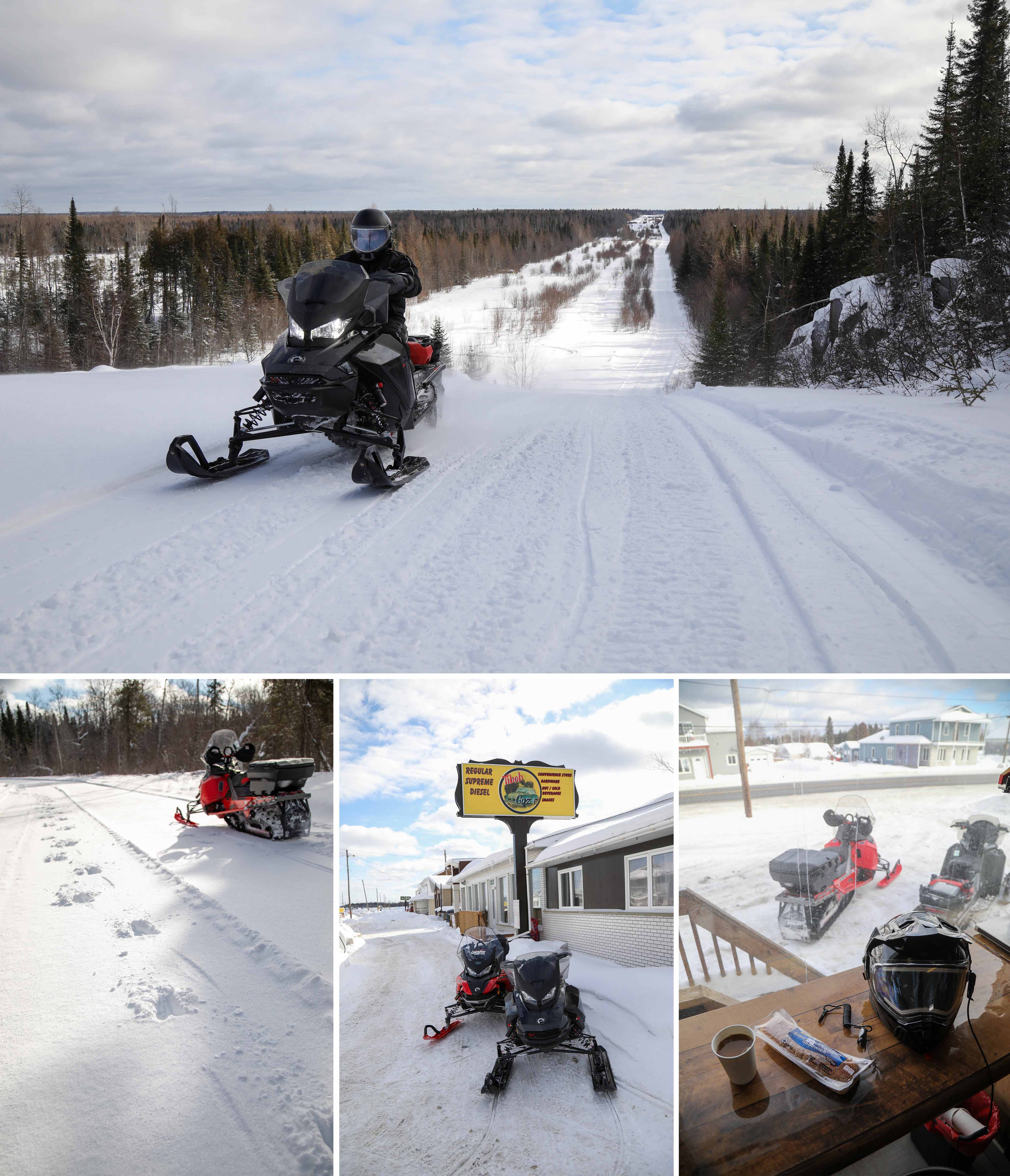 a collage of snowmobiles on snowy trails, parked outside a gas station, and of a snowmobile helmet sitting next to a cup of coffee at a gas station table