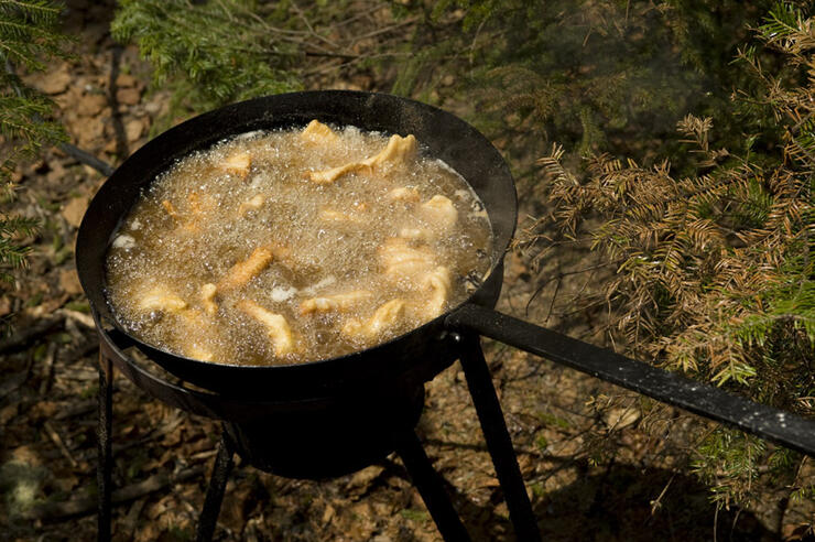 fish frying in a cast iron skillet over a campfire