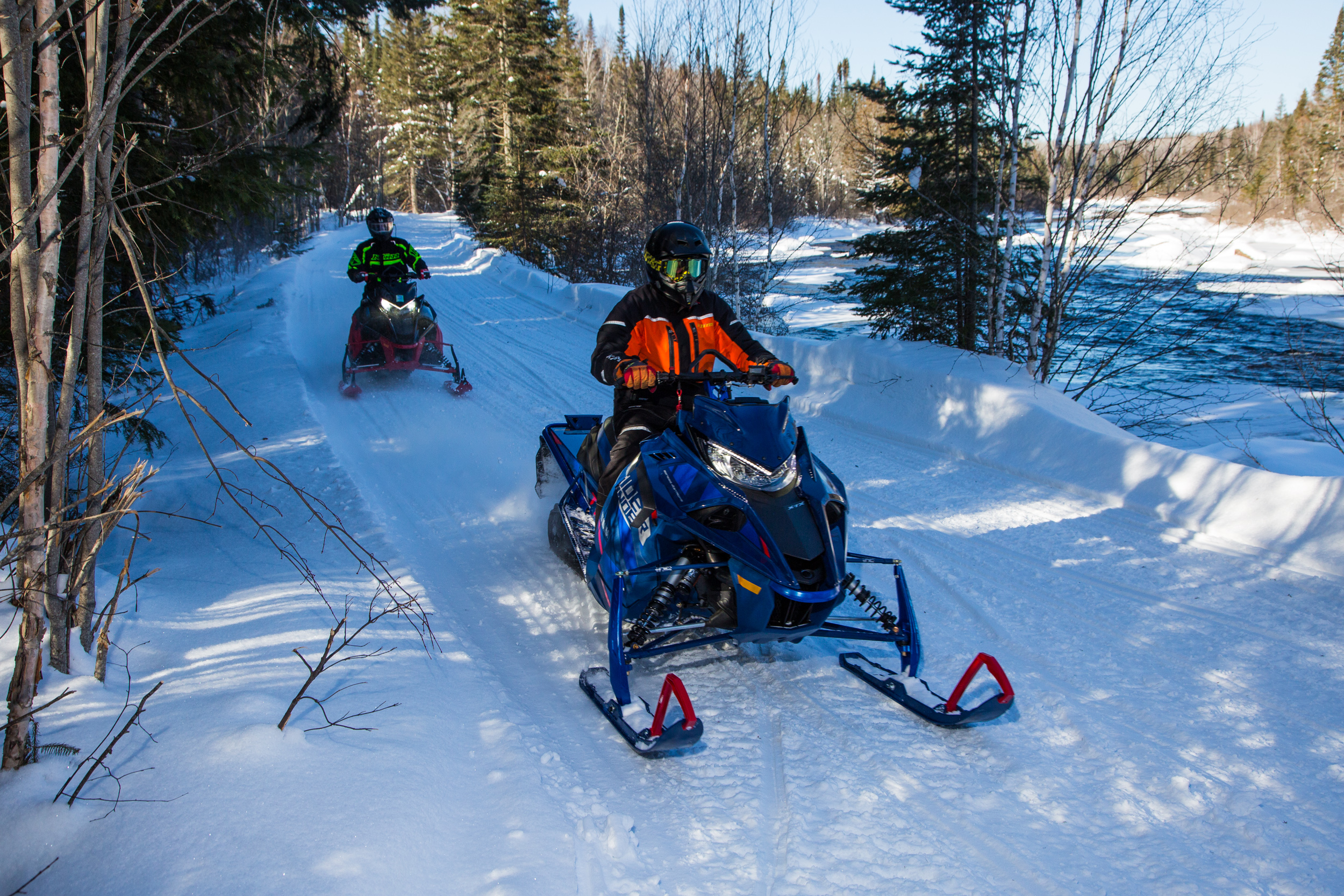 Two snowmobilers riding down a forested trail on a sunny day