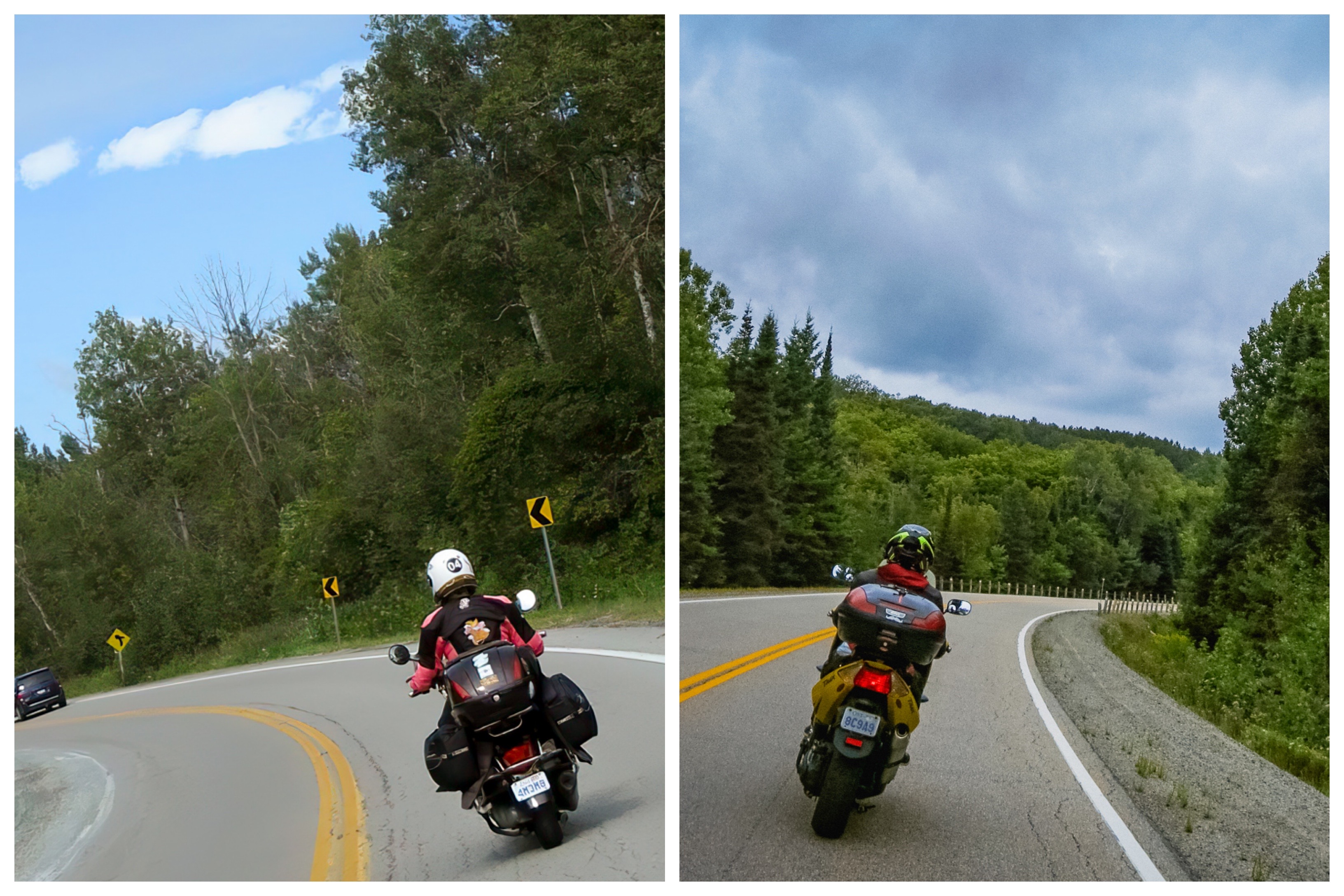 two photos of motorcyclists from behind, rounding bends in a pretty and quiet forest highway.
