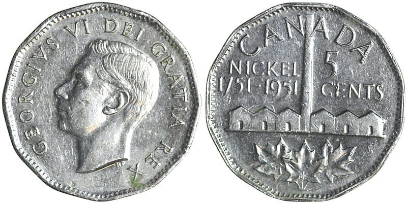 the front and back of the 1951 Canada nickel, featuring King George VI