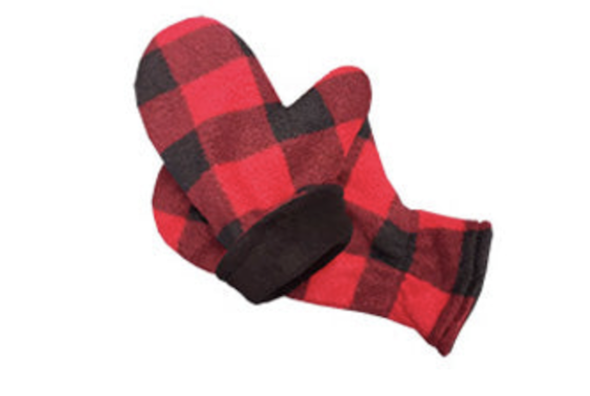a pair of red flannel checked mittens