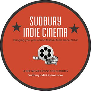the Sudbury Indie Cinema logo; a red circle with two black stars on either side of the words "Sudbury Indie Cinema: Bringing you year-round festival films since 2014!", with a silver film reel below.