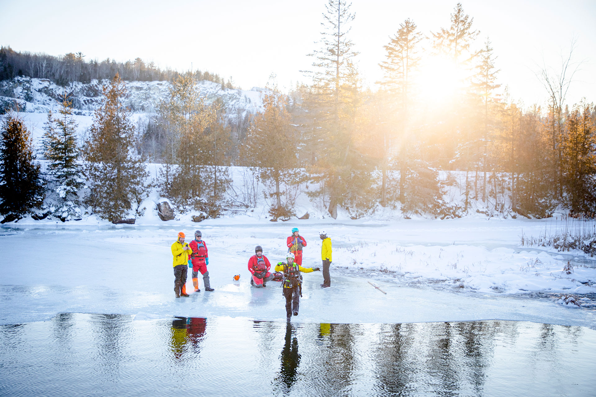 people participate in an ice rescue course