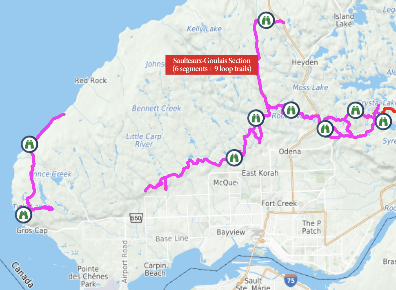 a map of the Saulteaux-Goulais Section of the Voyageur's Trail