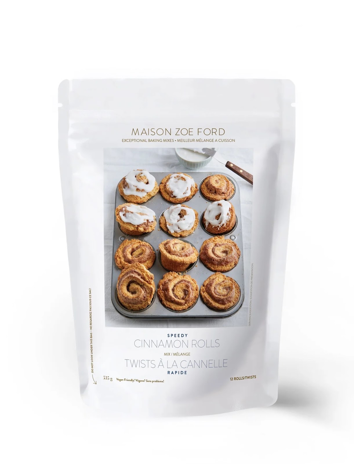 a bag of cinnamon roll mix with a picture of delicious-looking cinnamon rolls on it