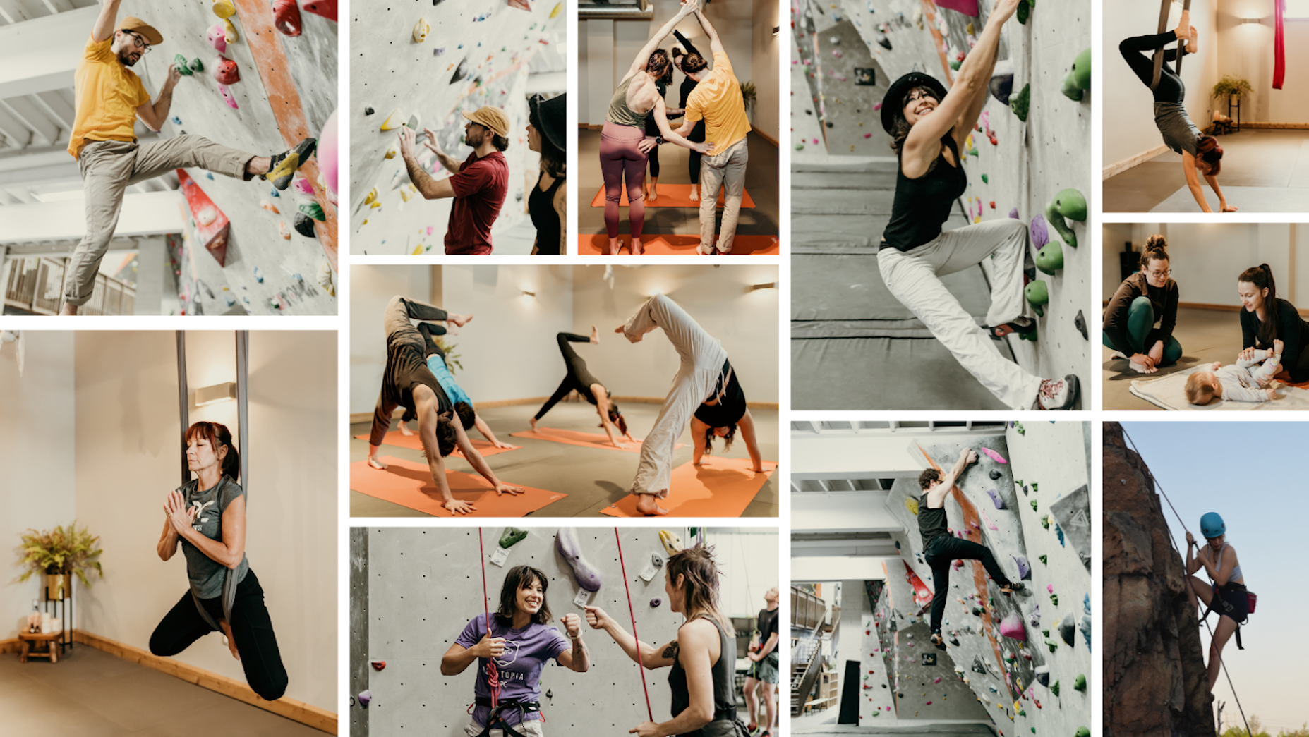 a collage showing happy people climbing on a climbing wall and doing yoga