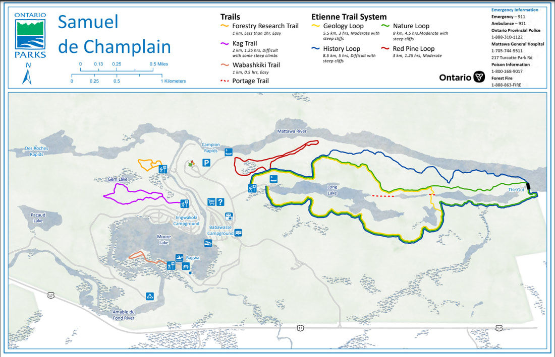 a map of the main hiking trails in Samuel de Champlain Provincial Park