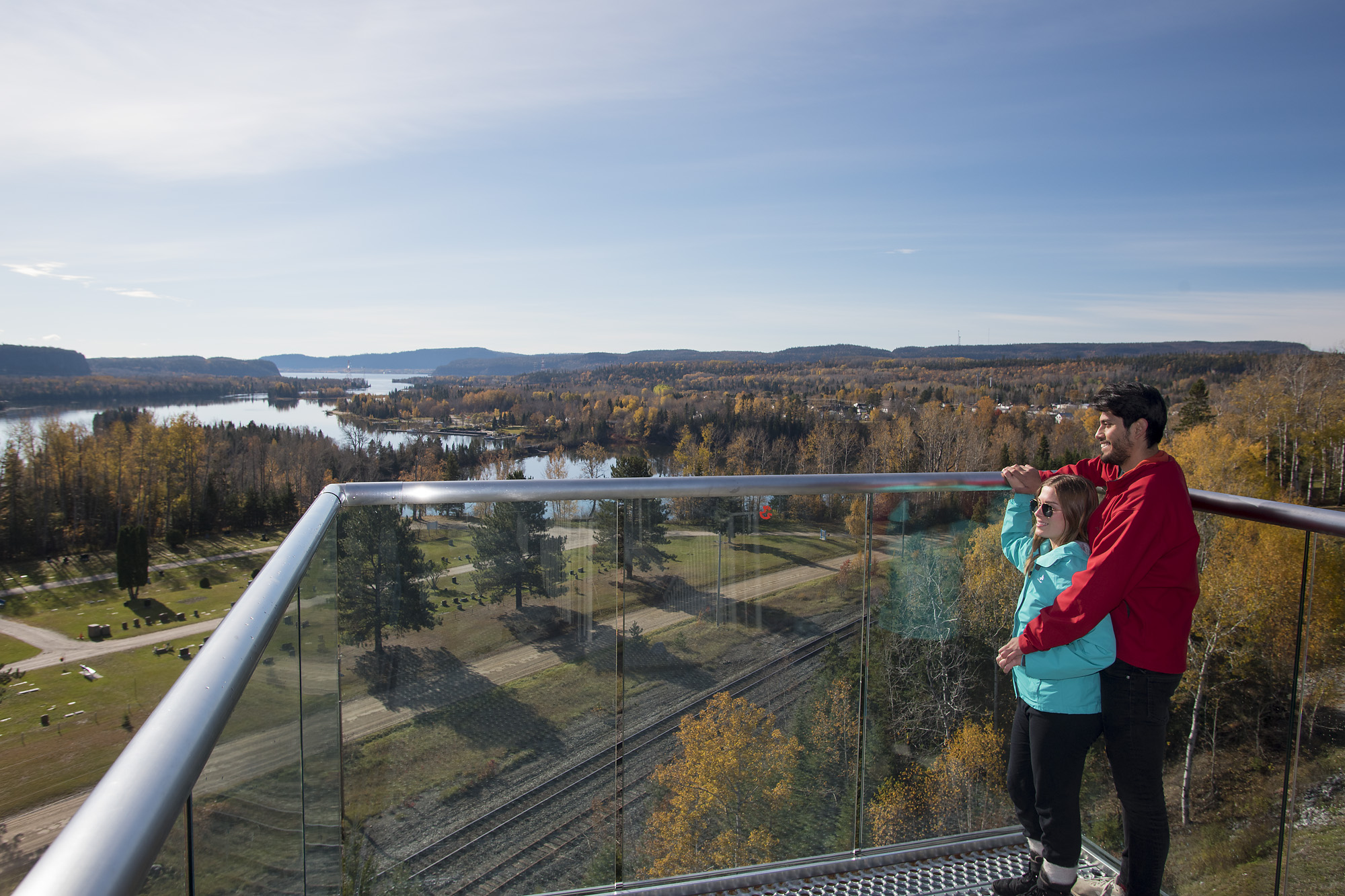 Islay and Andres enjoy an incredible view of the town of Nipigon and surrounding area from the Bridgeview Lookout Tower