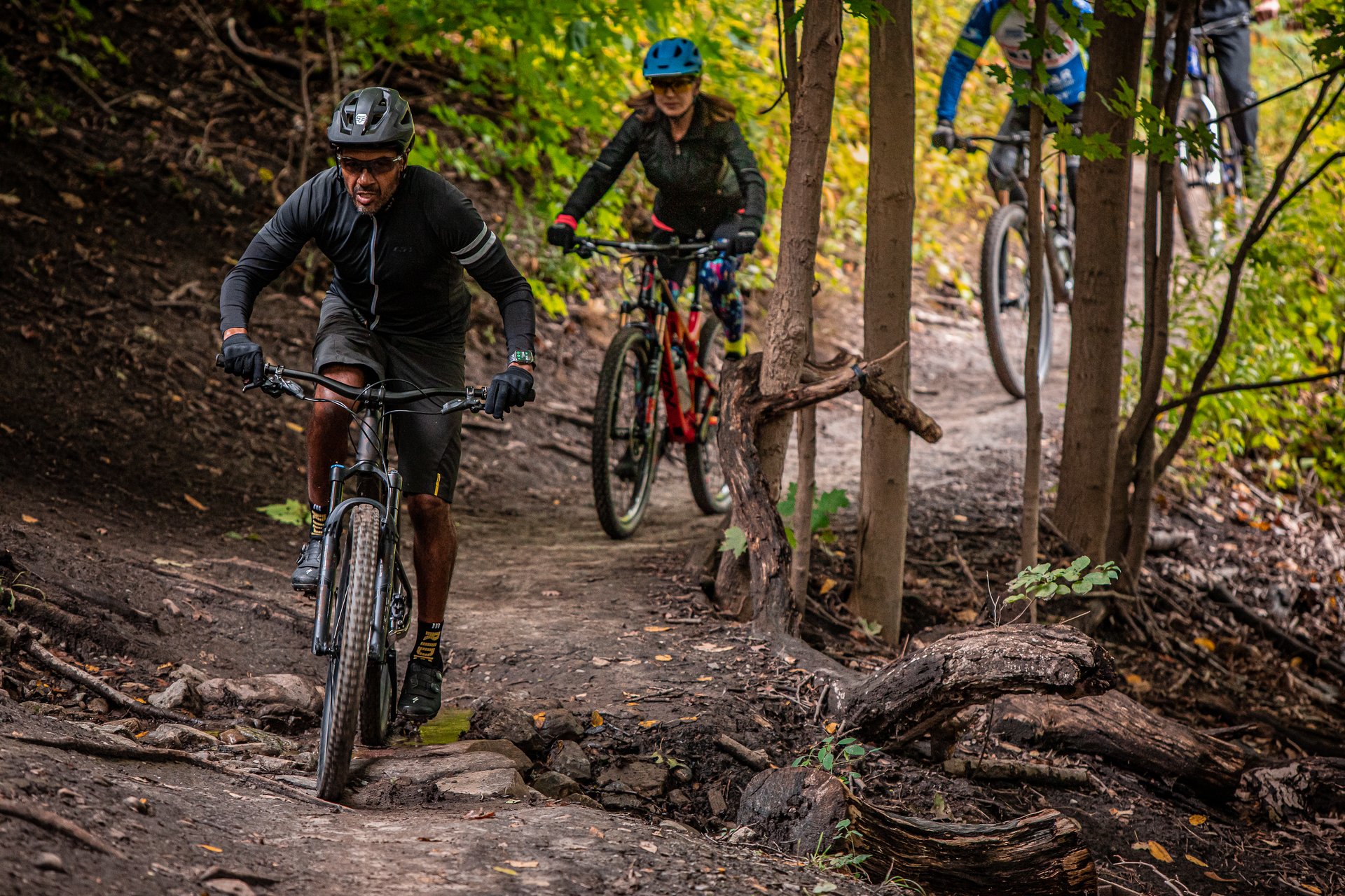 a group of people mountain biking along a forest trail