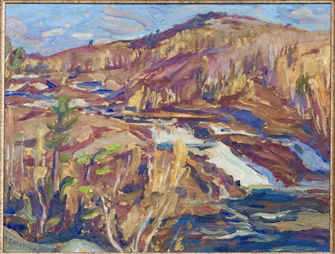A photo of A.Y. Jackson's painting titled "Spring on the Onaping River"; a painting using browns, golds and blues of a low mountain with a gentle waterfall trailing down it, and some conifer forest.