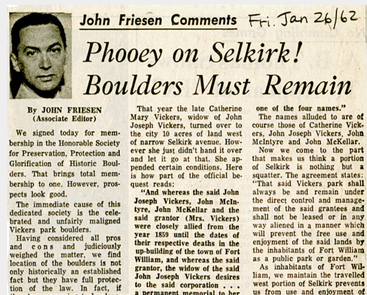 a newspaper clipping from 1962 with the headline "Phooey on Selkirk! Boulders Must Remain!"