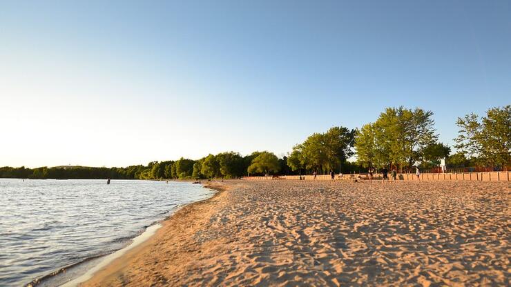 Shabogesic Beach; a soft sandy beach at late afternoon, dotted with green trees next to a calm blue lake under a cloudless blue sky.