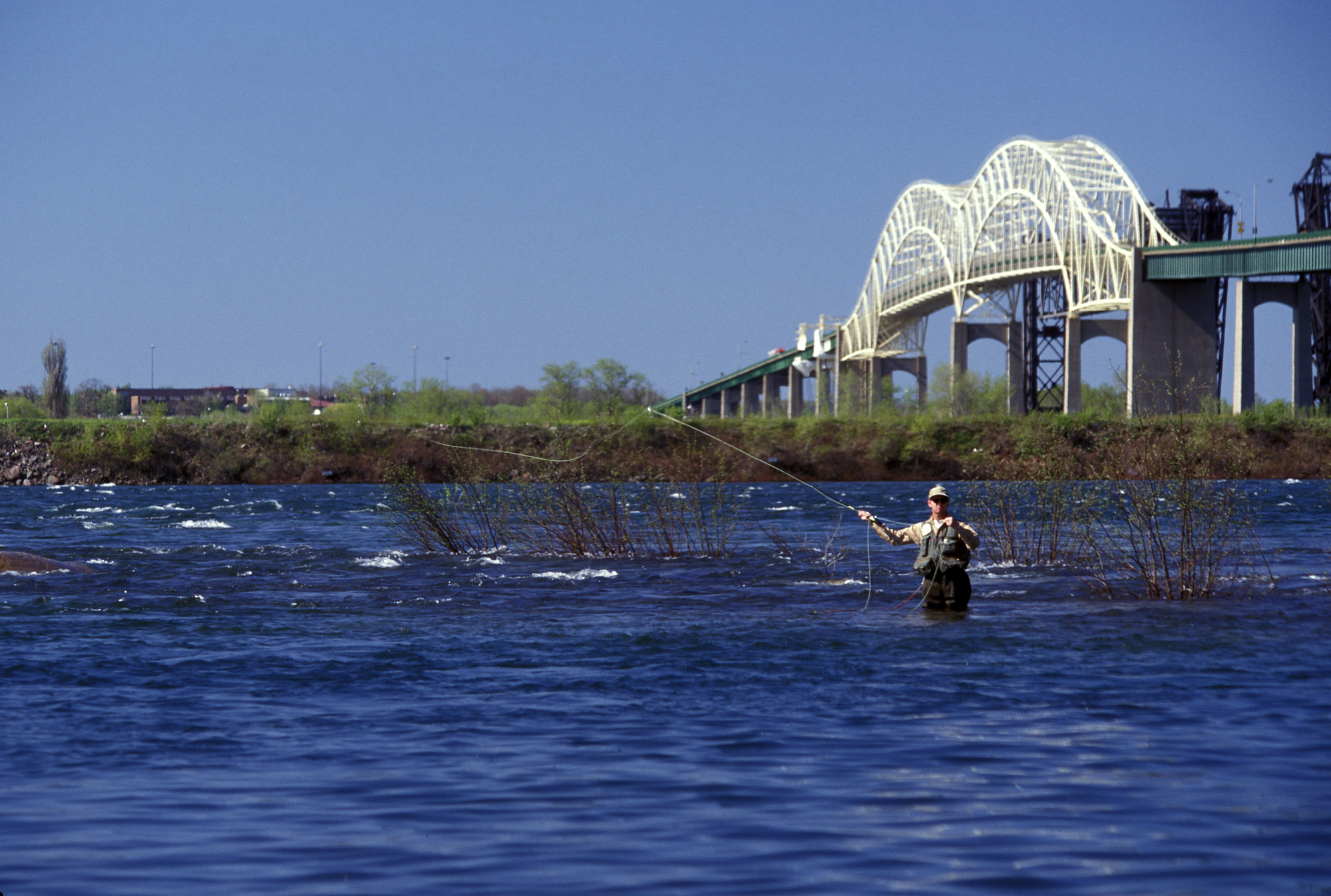 A man standing waist-deep in the very blue St. Mary's River, fly fishing. There is a large bridge, green banks and a clear blue sky in the background.