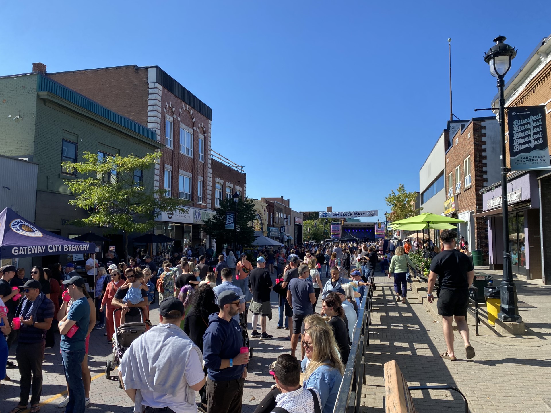 A large crowd of people standing, walking and talking in a North Bay street at the annual Bay Block Party event. The day is sunny and the sky is a vibrant blue.