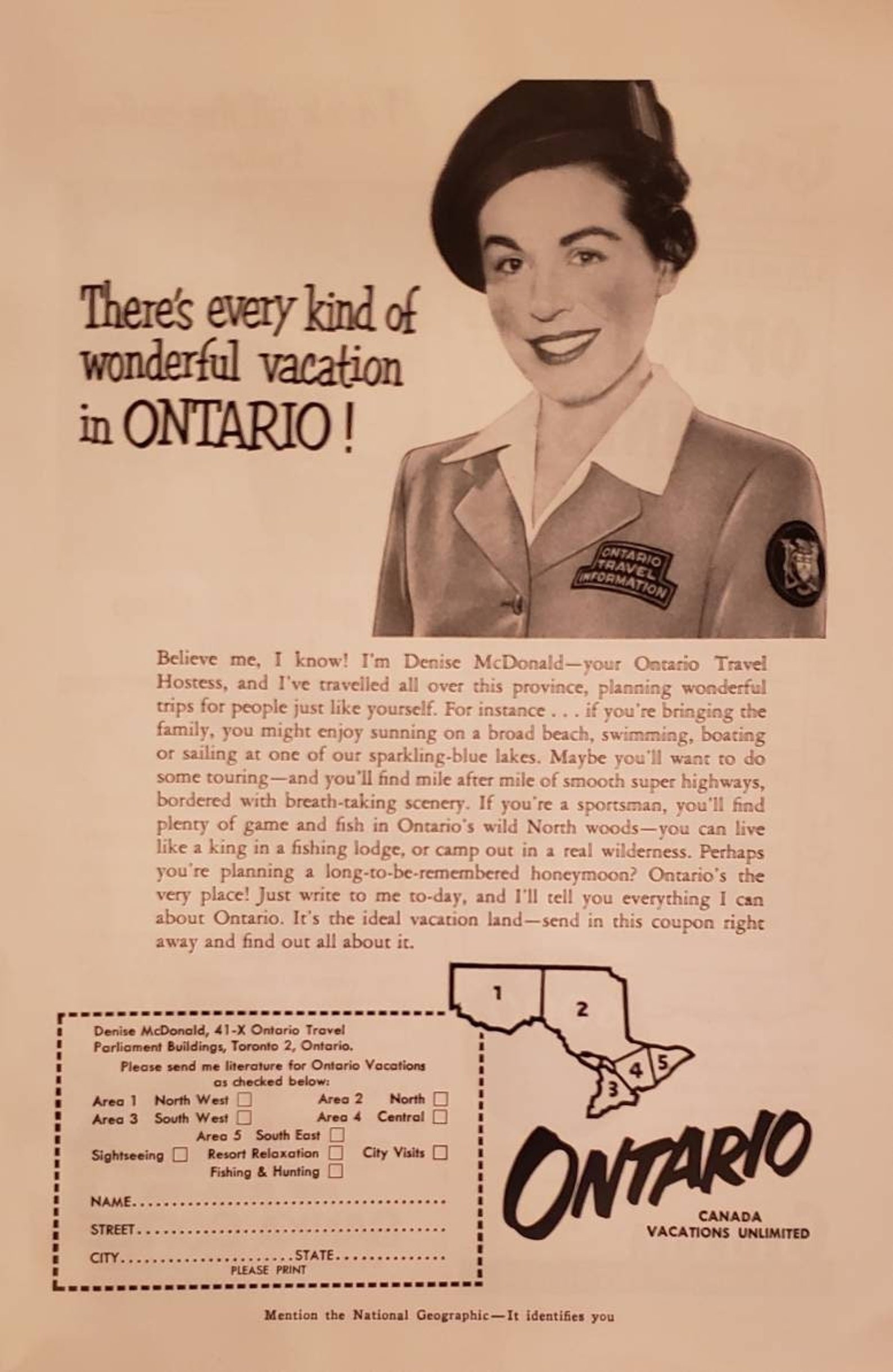 A vintage black and white magazine ad featuring a realistic illustration of a smiling woman in a shirt and blazer and a line graphic of the Ontario tourism regions. The title text reads "There's every kind of wonderful vacation in Ontario!" and continues into a paragraph written in the voice of Denise McDonald, the travel agent in the illustration, inviting you to visit beautiful Ontario and to fill out the coupon on the page to mail back to Ontario Travel for a free guide.