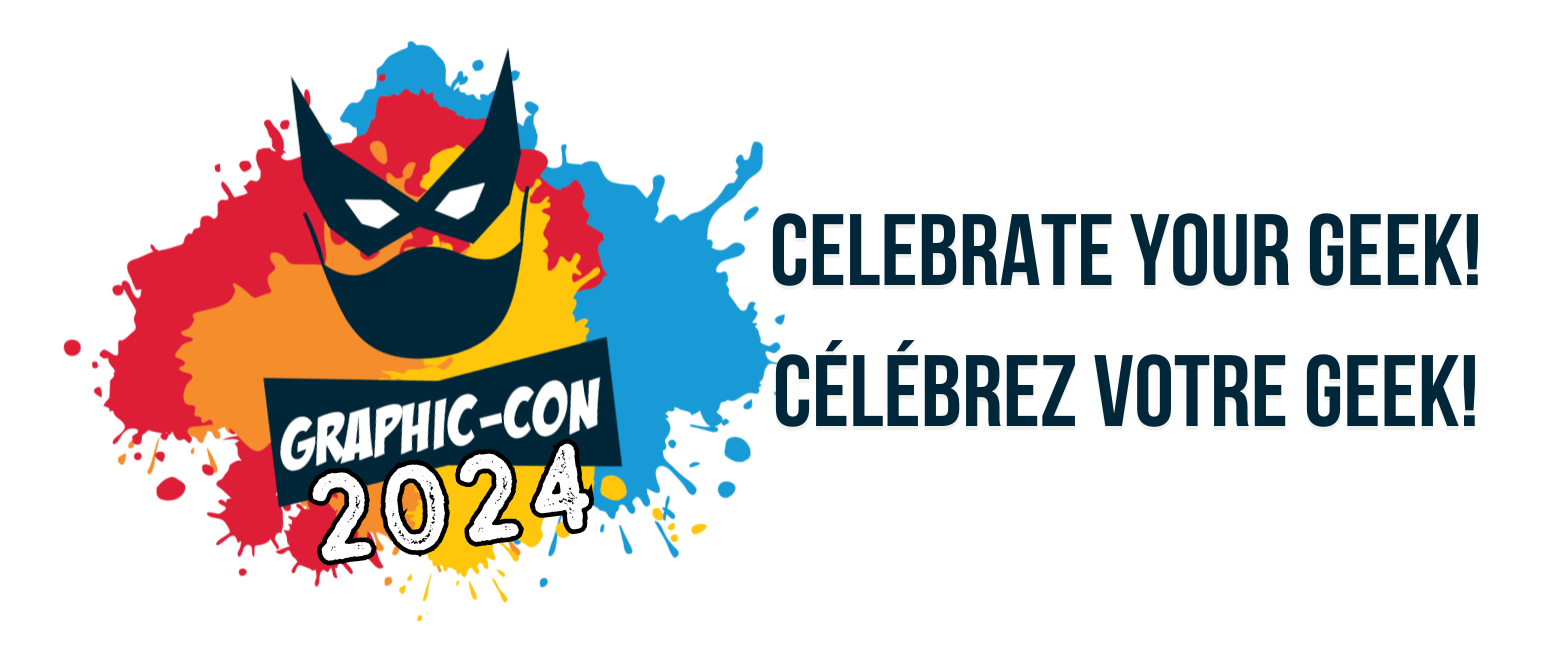 A Sudbury Grapic-Con logo featuting a black superhero mask over playful ink splashes in red, yellow and blue with the words " Celebrate your Geek! Célébrez votre Geek! Graphic-Con 2024".