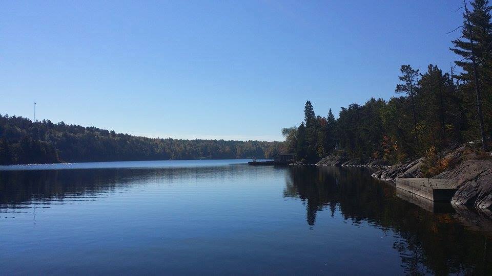 Lake Wanapitei; a calm, blue lake surrounded by pine forest under a very blue sky.