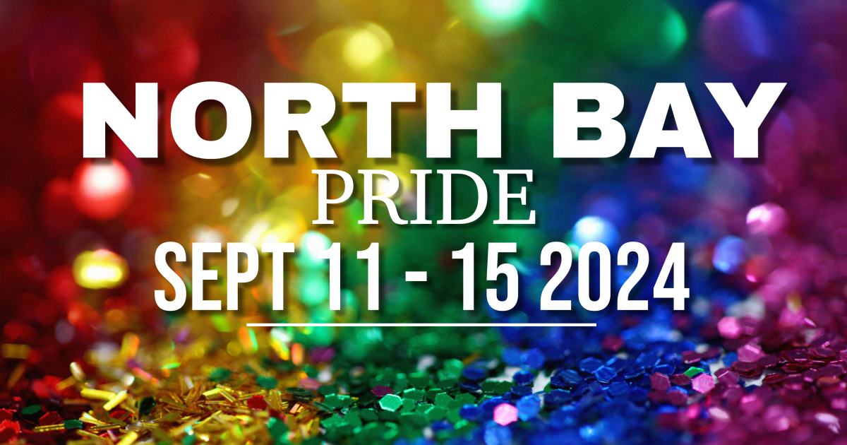 A rectangular ad showing the words "North Bay Pride September 11 to 15 2024" on a glittery rainbow background.