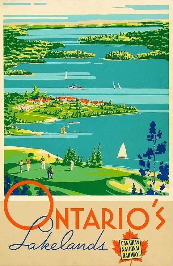 A colourful illustration of a high view if a golf course in front of a long blue lake stretching off to the horizon, edged by green forest and a small lakeside town. There is a sailboat on the lake and a purple flower in the close foreground. At the bottom it reads "Ontario's Lakelands, Canadian Pacific Railway".