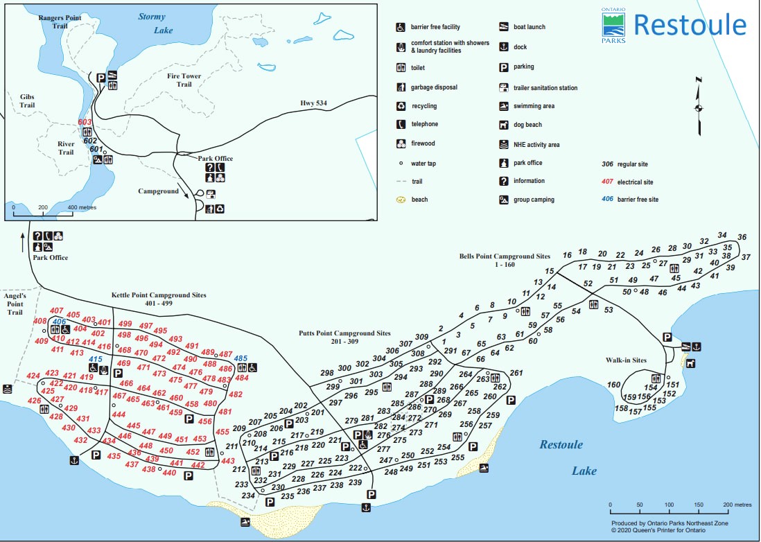 a coloured map of Restoule Provincial Park campground, showing the layout and campsite locations and numbers.