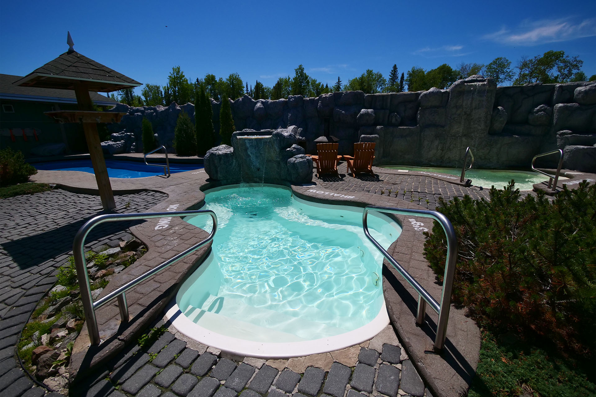 a shining oval outdoor pool at Cedar Meadows, with a curving stone pool deck landscaped with cedar and flowers. 