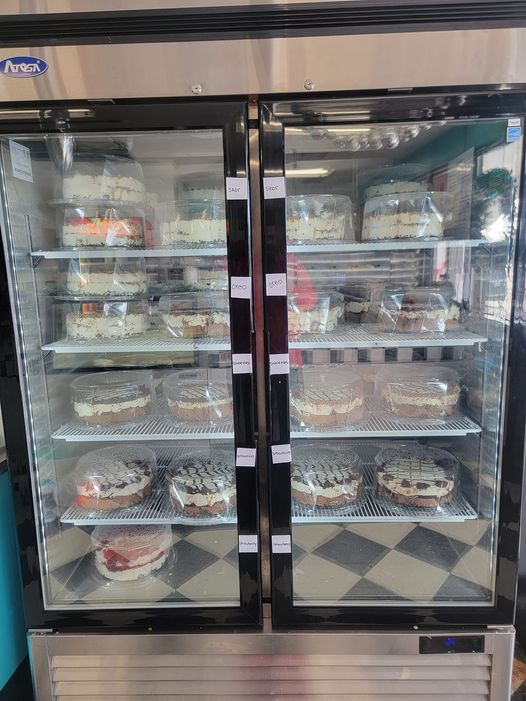 a wide view of the freezer which is used for the Pine Dairy Bar's ice cream cakes