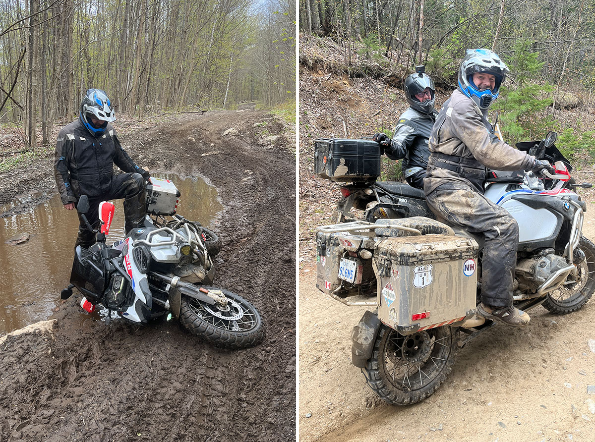 A split screen photo on the left it's a rider whose bike has fallen over and on the right a rider on a dirt road.