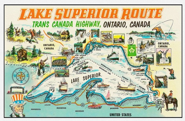 a vintage illustration advertising the Lake Superior Route in Ontario, featuring an artist's map of the route decorated with small picutres of Mounties, hunters, anglers, forest, and other Canadian hallmarks and landmarks along the trail. 