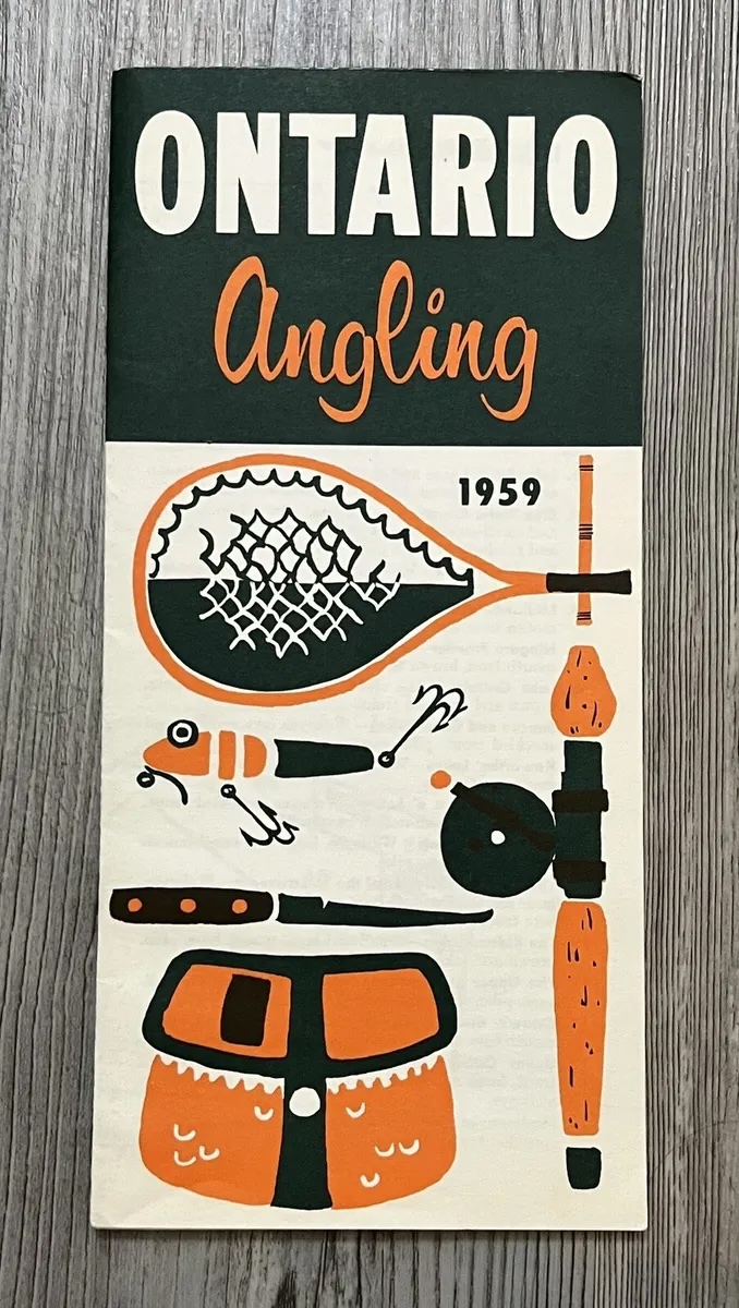a vintage brochure labelled 1959 that reads "Ontario Angling" and features simple, stylized graphics of fishing tackle, a rod, net, knife and fishing basket, all in black, white and orange. 