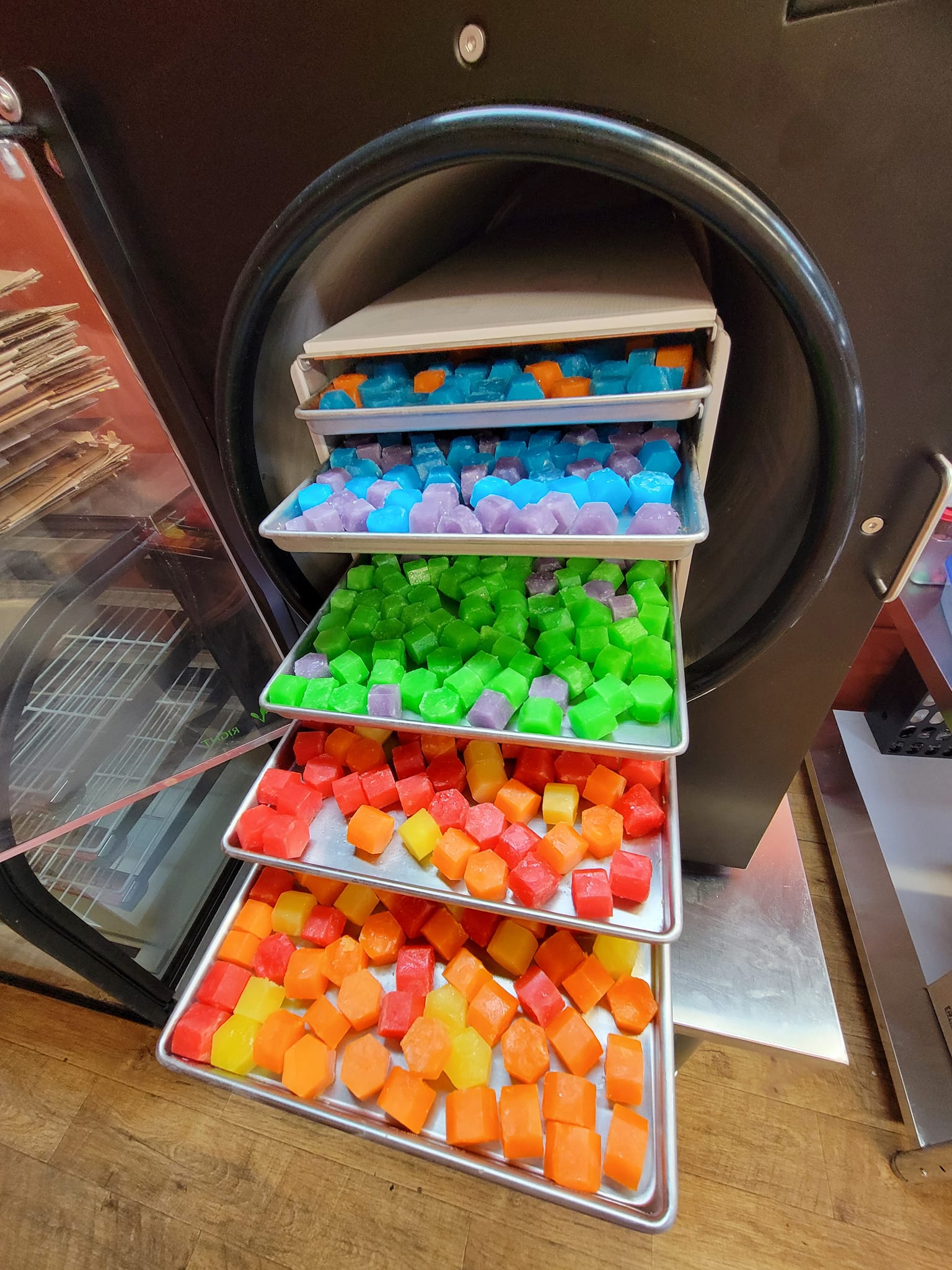 Freeze dried candy on a tray.