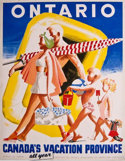 an illustrated vintage ad in a bright primary colour palette featuring a man, woman, small boy and girl smiling and walking chest held high in the same long, exaggerated graceful steps. They are carrying beach items; an inflatable yellow dinghy, a checkered beach umbrella, towels, toys and a picnic basket. The blue and white text reads "Ontario, Canada's Vacation Province, all year".