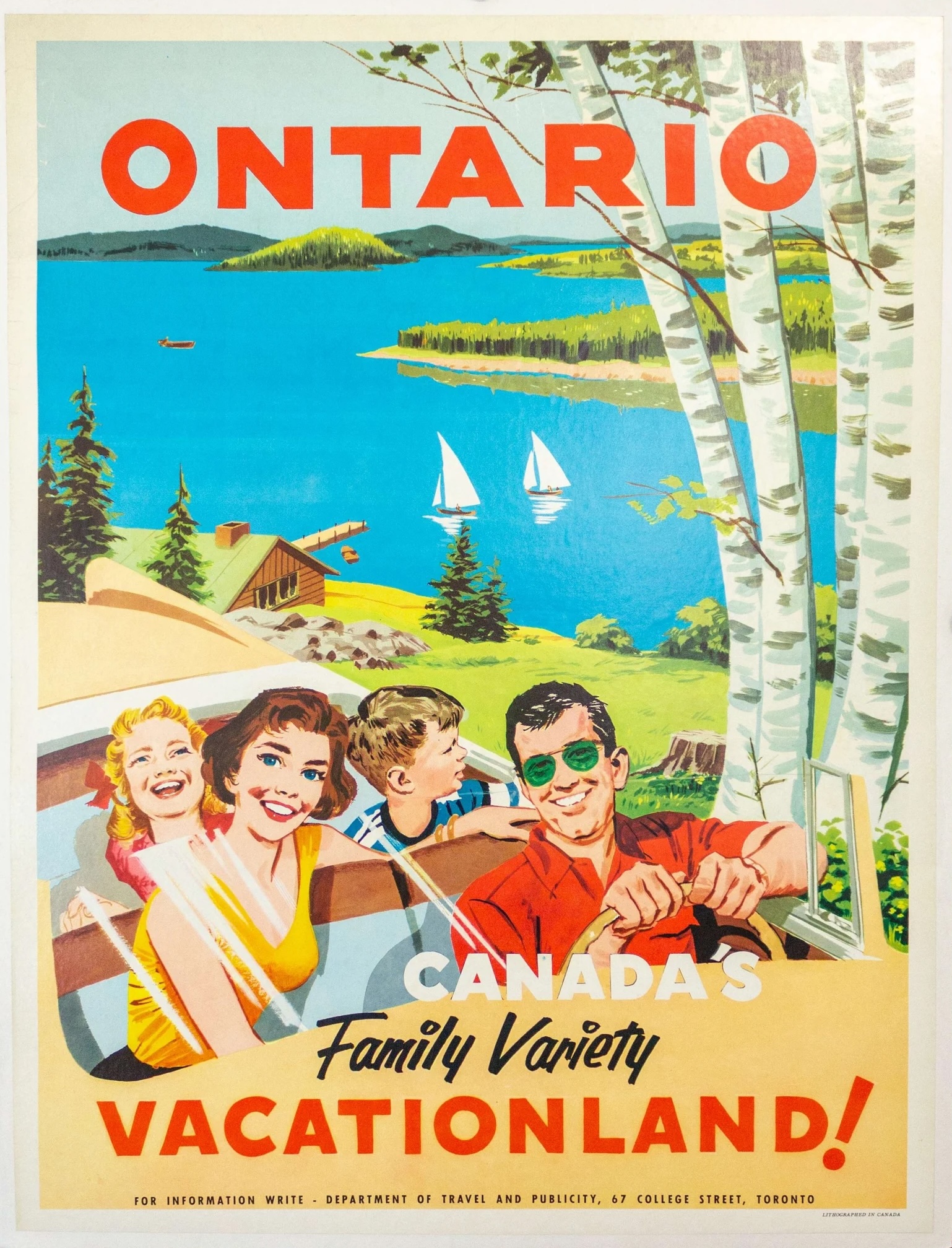 A vintage 1950's illustrated tourism ad featuring a smiling family in a convertible driving next to a large blue lake and birch trees. The shores of the lake are forested, and there is a cabin on the edge, and sailboats on the water. The text reads "Ontario, Canada's family variety vacationland!"