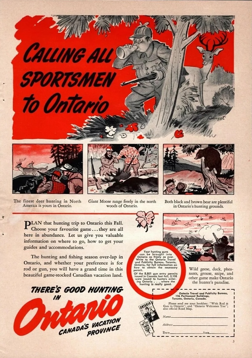 a vintage tourism ad using realistic comic-style illustrations in red black and grey tones, showing deer hunters in 5 panels. The title text reads "Calling all Sportsmen to Ontario", next to a drawing of a hunter holding a gun and blowing a cone-shaped deer call. A deer behind him has its head raised. Below there is a paragraph describing the excellent hunting and fishing in Ontario. At the bottom of the page there is a coupon to fill out and mail to Ontario Travel for a free guidebook.