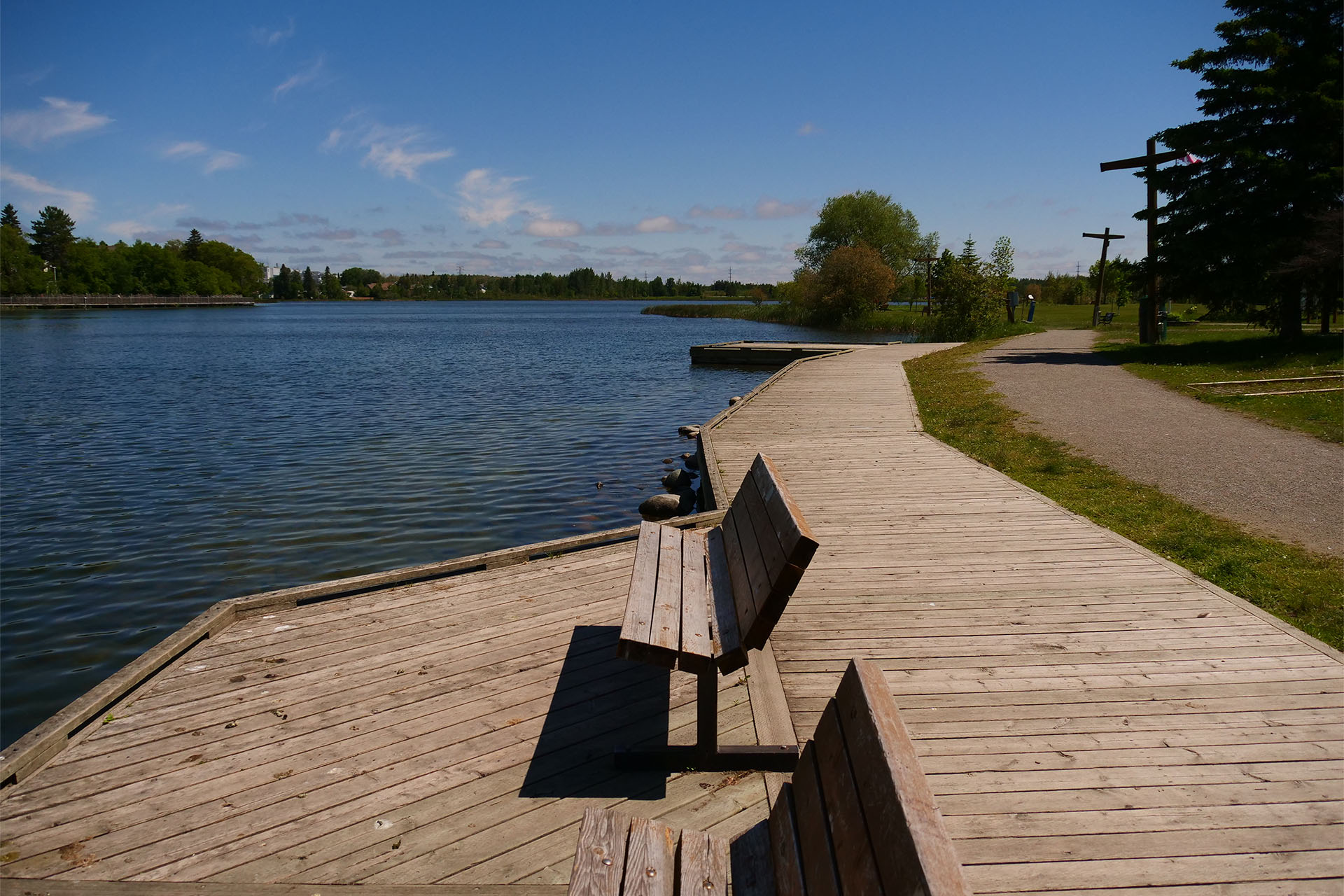 a wooden boardwalk along the Gillies Lake waterfront with several wooden benches for looking at the water. A paved trail and green trees run adjacent to the boardwalk.