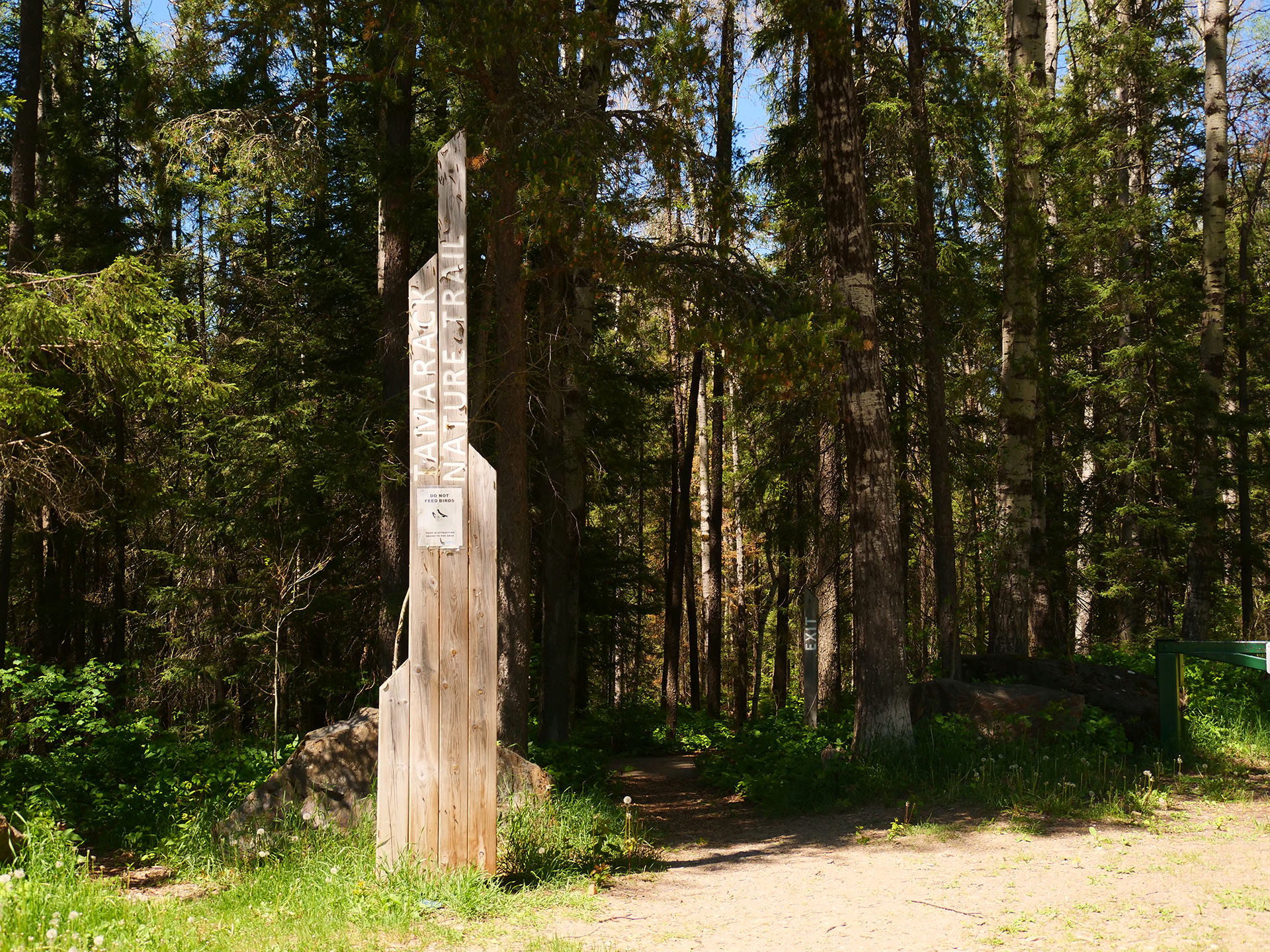 a trail entrance leading into a green forest at Hershey Lake, with a wooden trail marker.