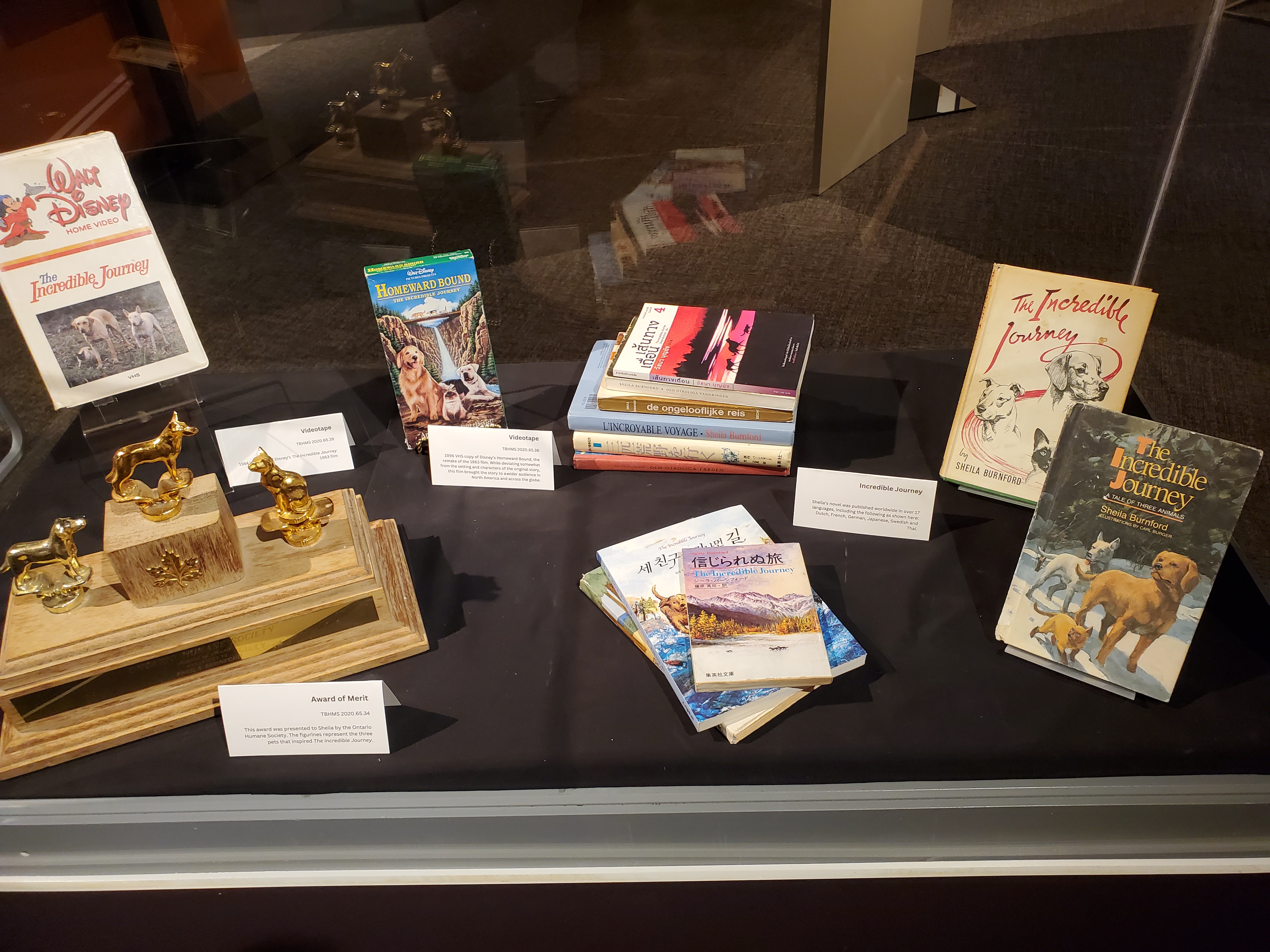 A number of items behind glass at a museum. Some old books with museum cards explaining their significance are visible.