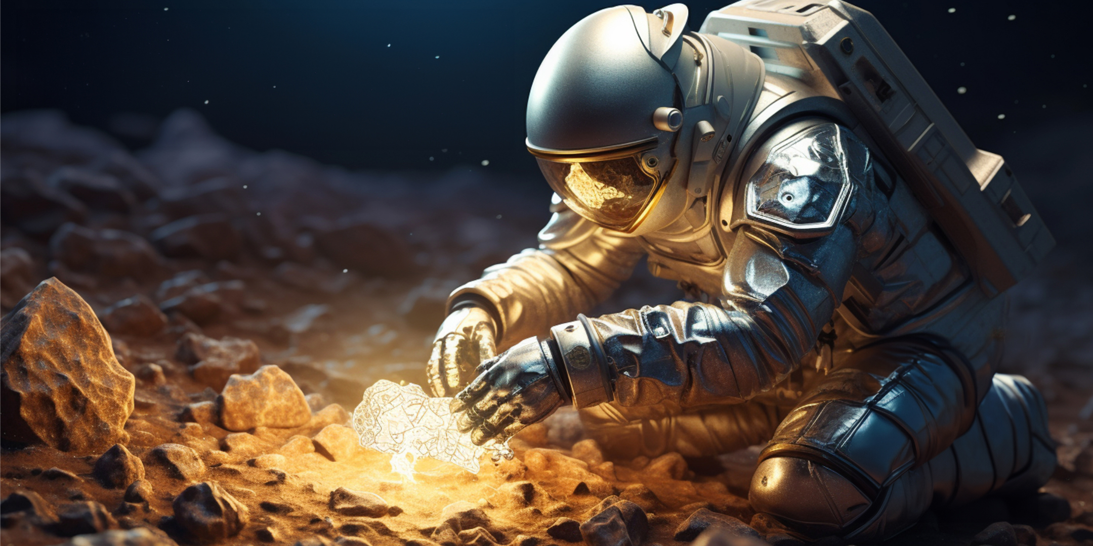 An AI generated image of a person in a spacesuit on rocky terrain looking at a glowing orb. 