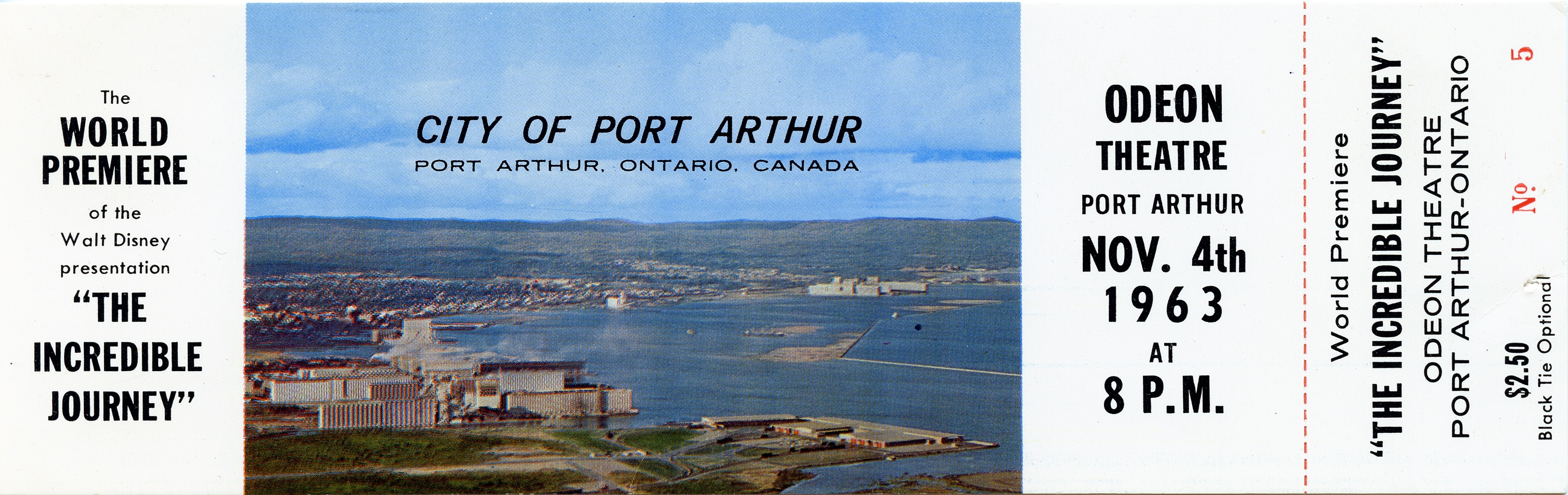 An original Odeon Theatre ticket for the Incredible Journey Premiere in 1963, showing November 4th at 8:00 PM, with a picture of Port Arthur in the centre.