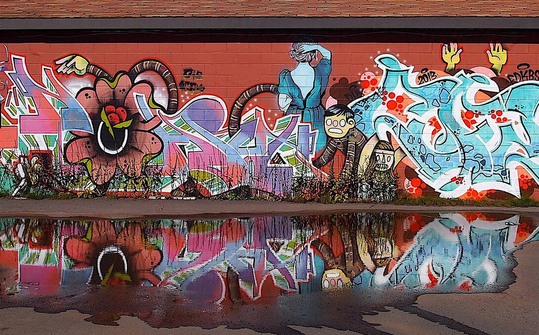 A graffiti-art mural in Thunder Bay, being reflected in a puddle on the pavement below it. It features two tense-looking children exploring a sort of jungle motif of oversized flower, plant and lettering pieces.